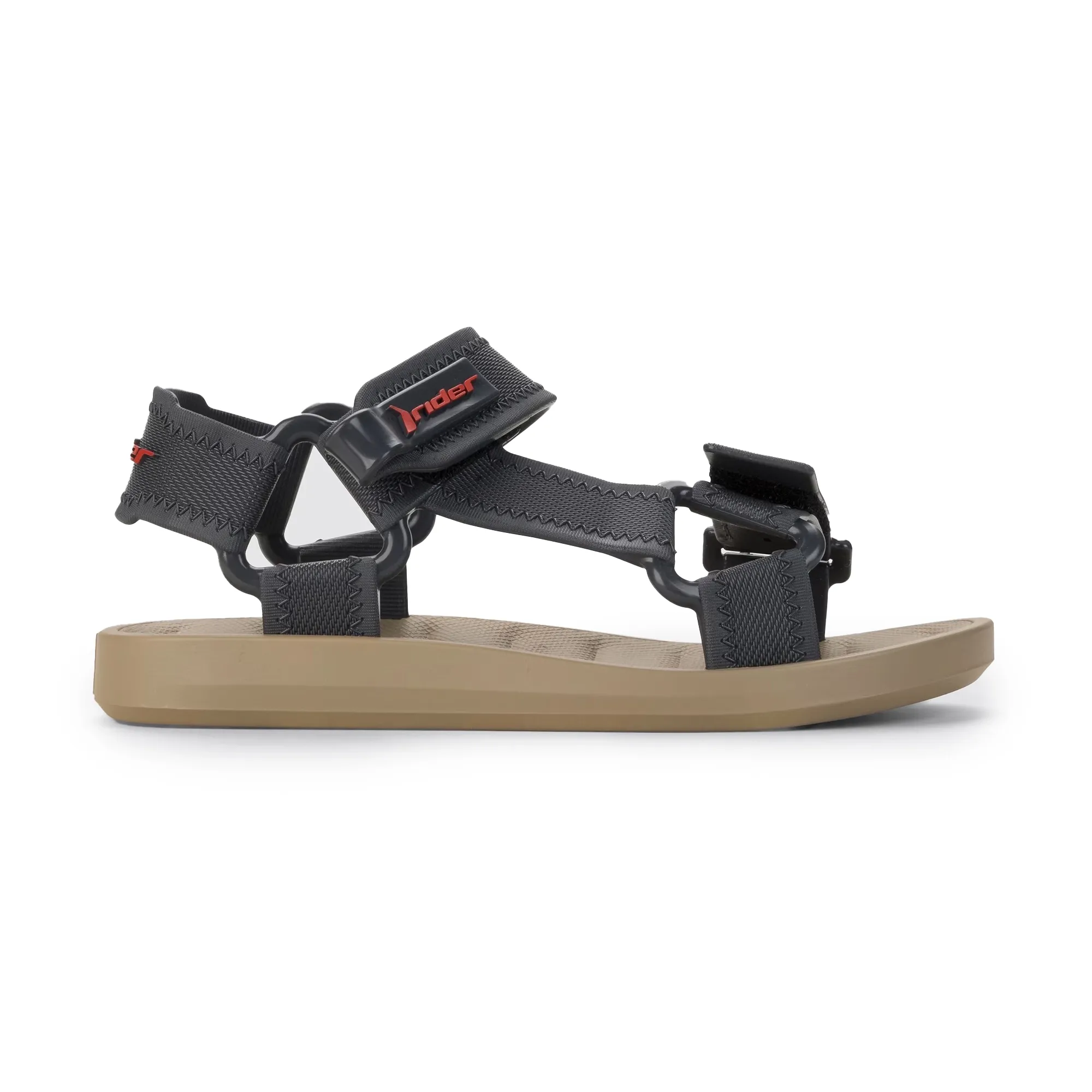 Papete infantil masculina Rider bege com tiras ajustáveis em velcro cinza escuro e logo vermelho, vista lateral direita